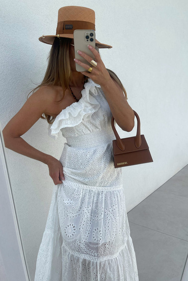Sheila Select - Damska Sukienka biała ażurowa na jedno ramie maxi 'Lux'